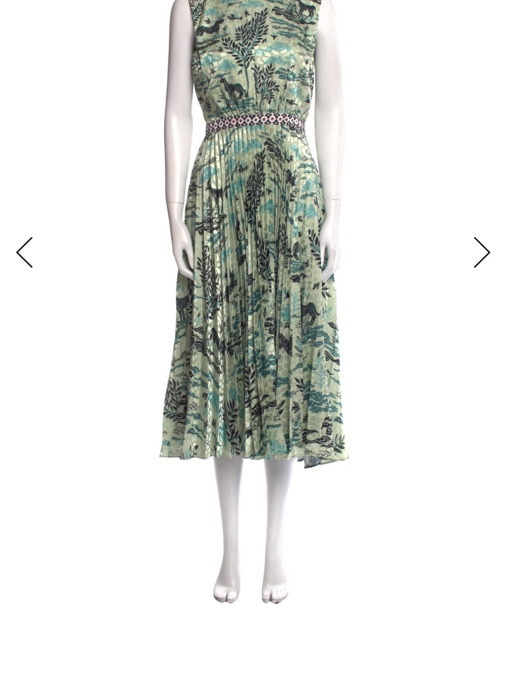 SALONI Sleeveless Pleated Midi Dress in Mint Green Botanical Print